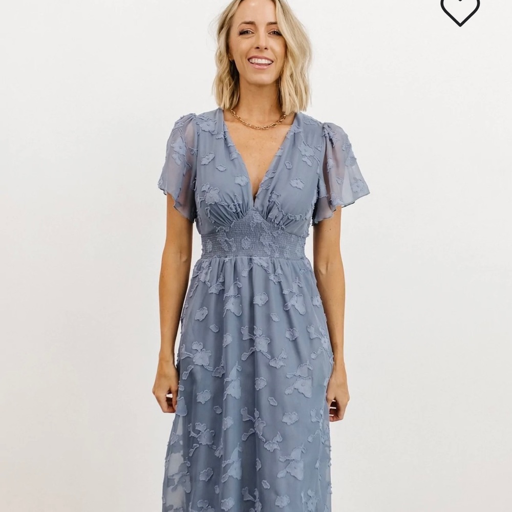 Baltic Born, June Blue Smocked Midi Dress. Size Small